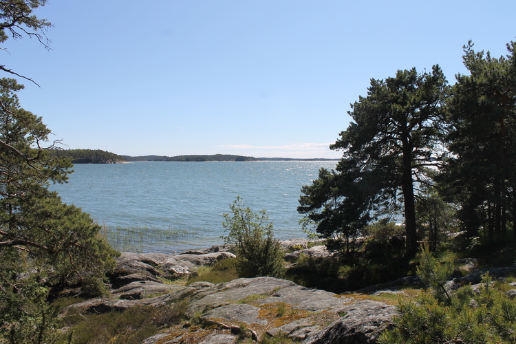 En vacker strand med ett glittrande blått hav.
